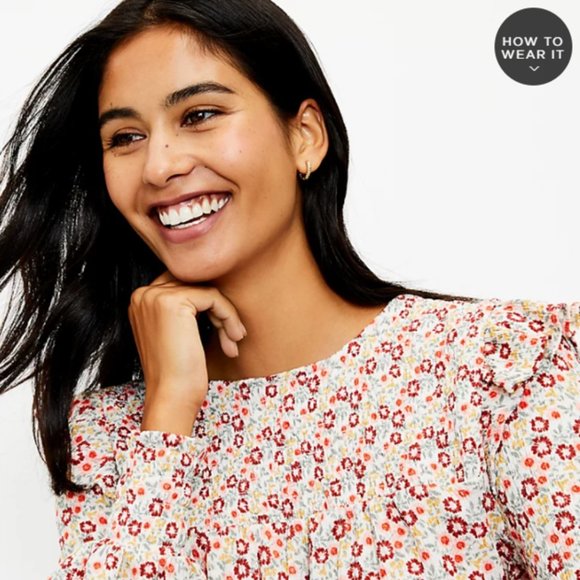 LOFT Floral Smocked Ruffle Top, Size XL, NWT - Picture 2 of 13